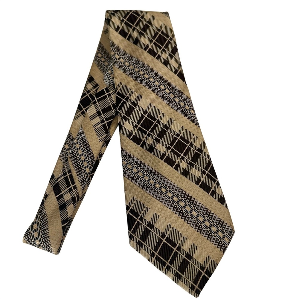 Vintage Wide Tie 4.5 Inch Southwest Plaid‎ Geometric Brown Tan USA Mid Century